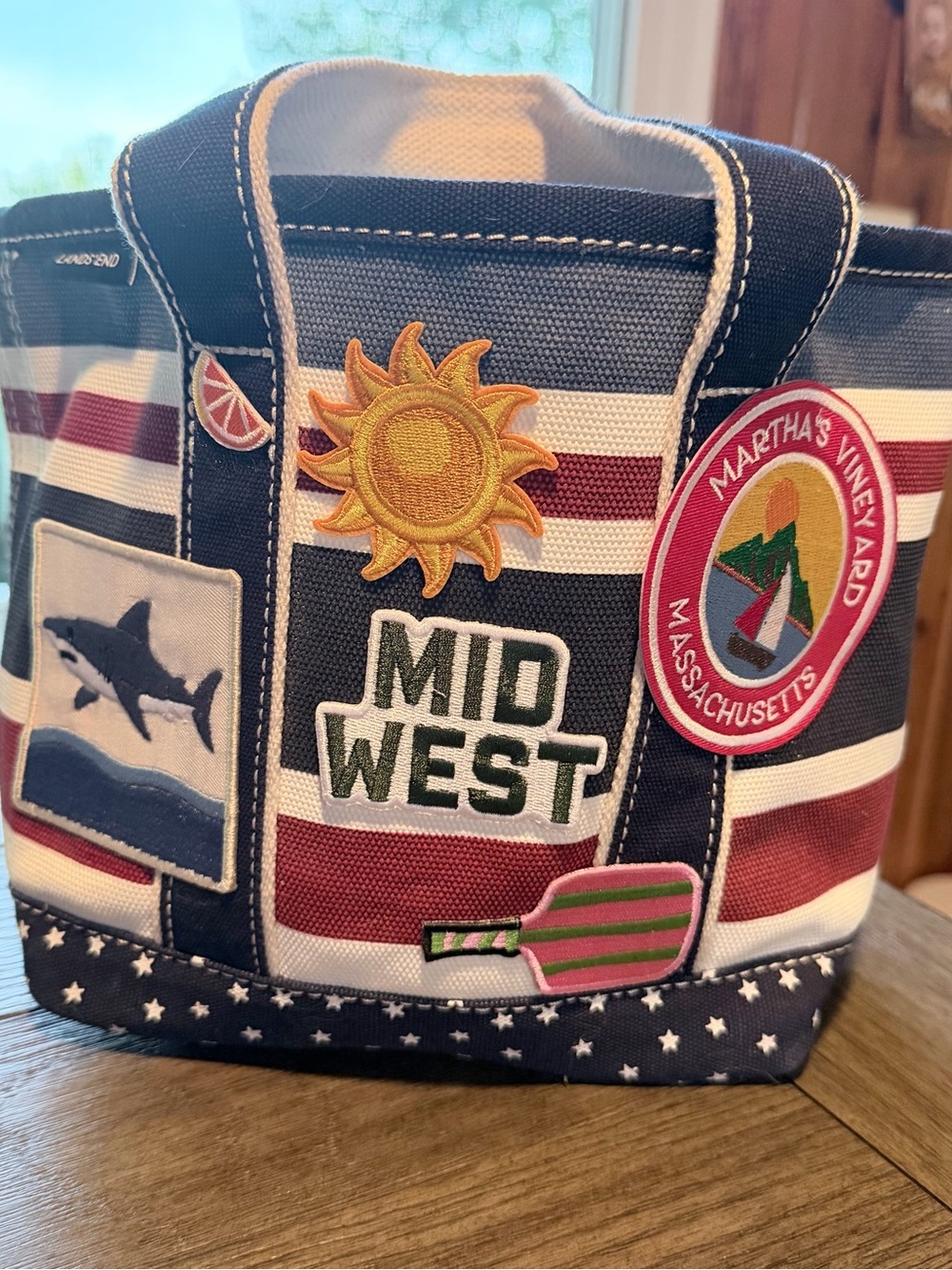 Lands' End Navy, White & Burgundy Striped Tote with Appliqué Dachshund - Picture 2 of 7
